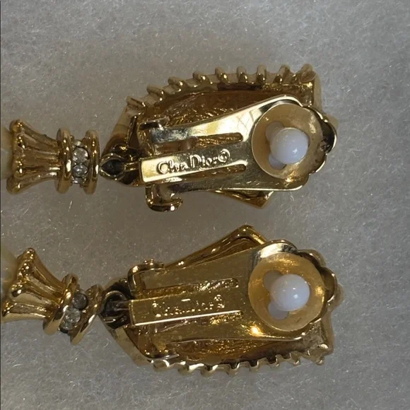 Vintage Christian Dior Gold Tone Crystal, Rhinestone, faux Pearl Clip Earrings